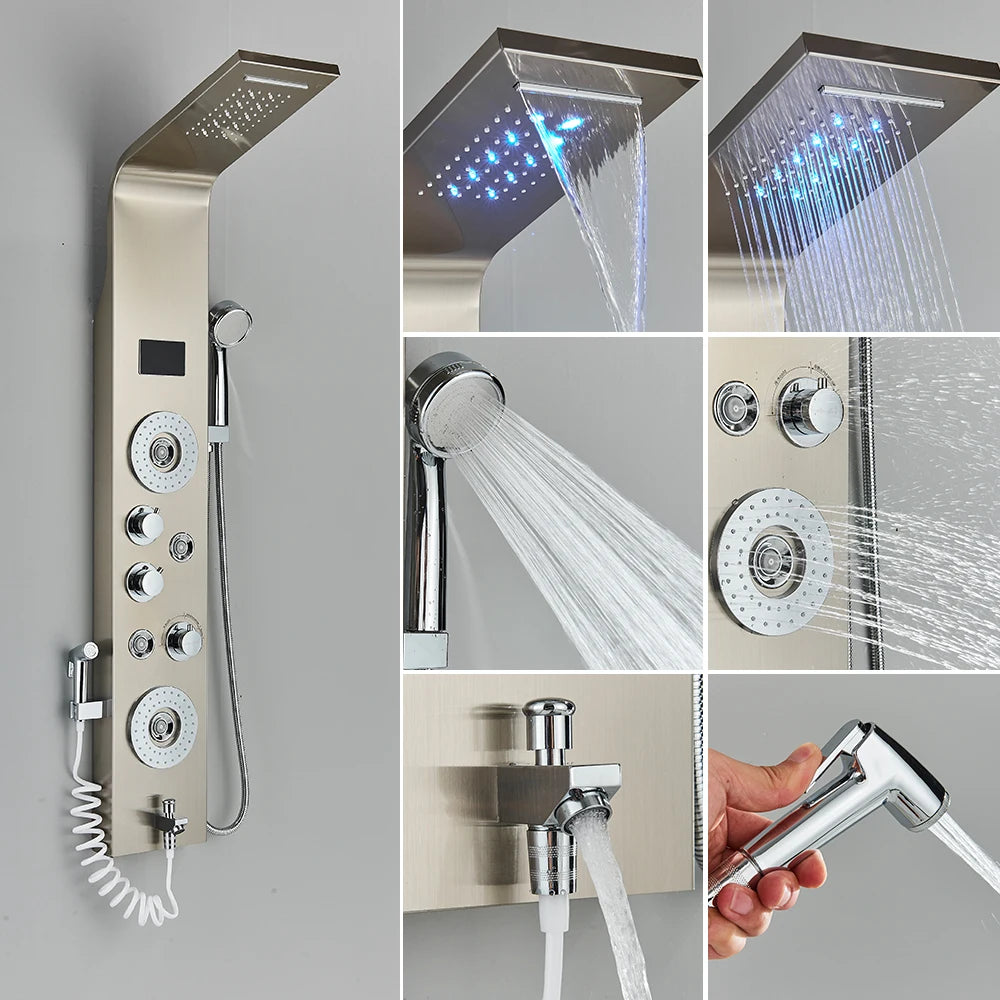 Luxury Black/Brushed Bathroom Shower Faucet LED Shower Panel Column Bathtub Mixer Tap With Hand Shower Temperature Screen