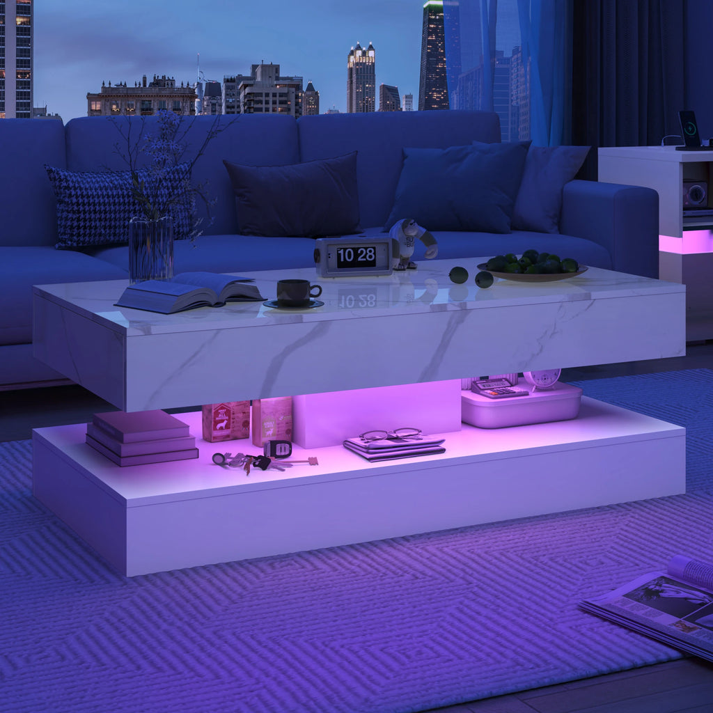 LED Coffee Table with 2 Storage Drawers — 20-Color RGB, Double-Layer, High Gloss Black