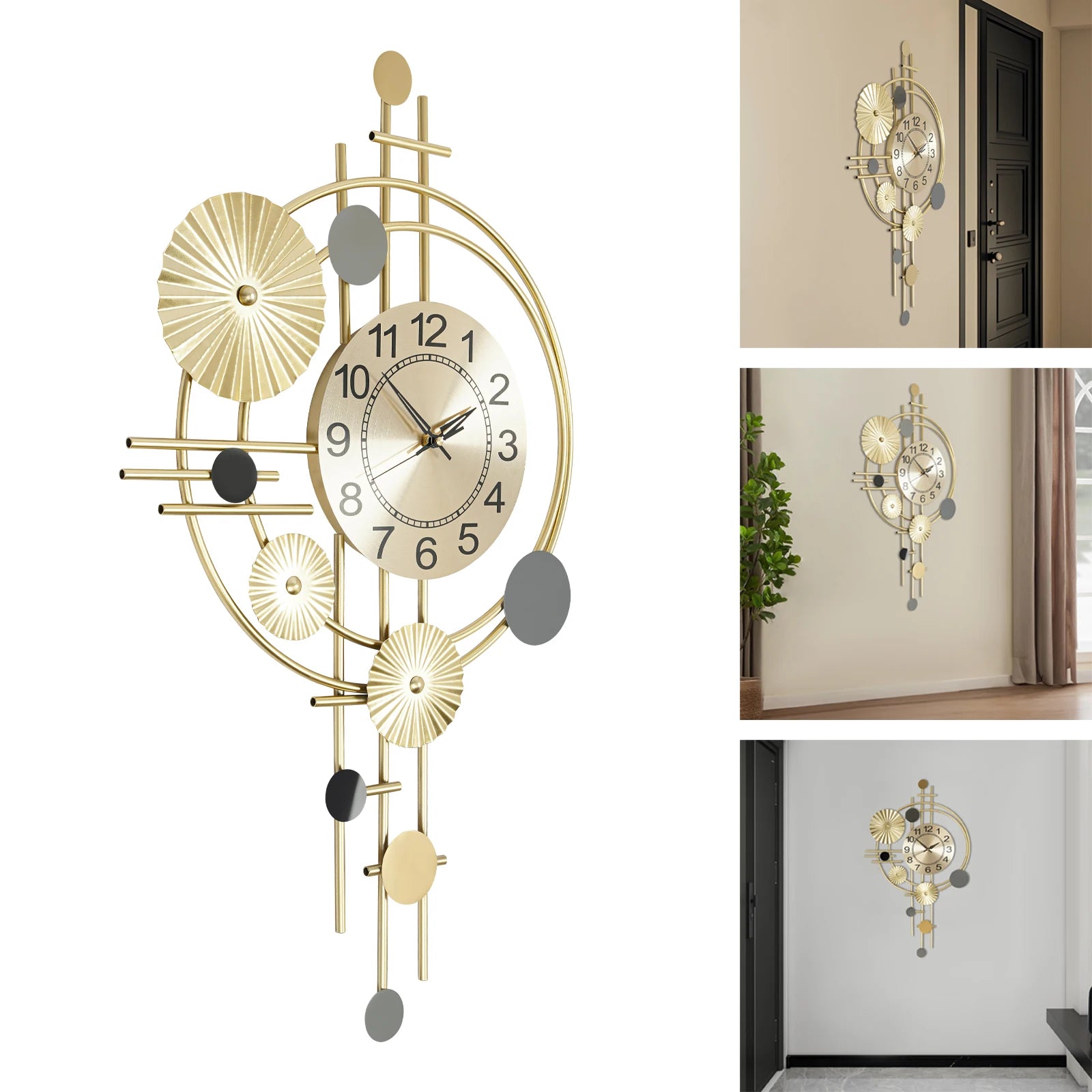Large Gold Decorative Wall Clock — 17.7" × 30.7", Silent Sweep Movement, Modern Iron Art for Living Room & Bedroom