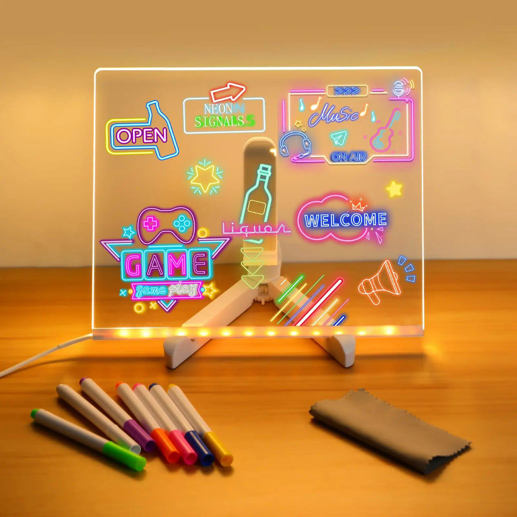 LED Acrylic Light-Up Message Board with 7 Colour Pens | DIY Drawing & Night Light for Kids