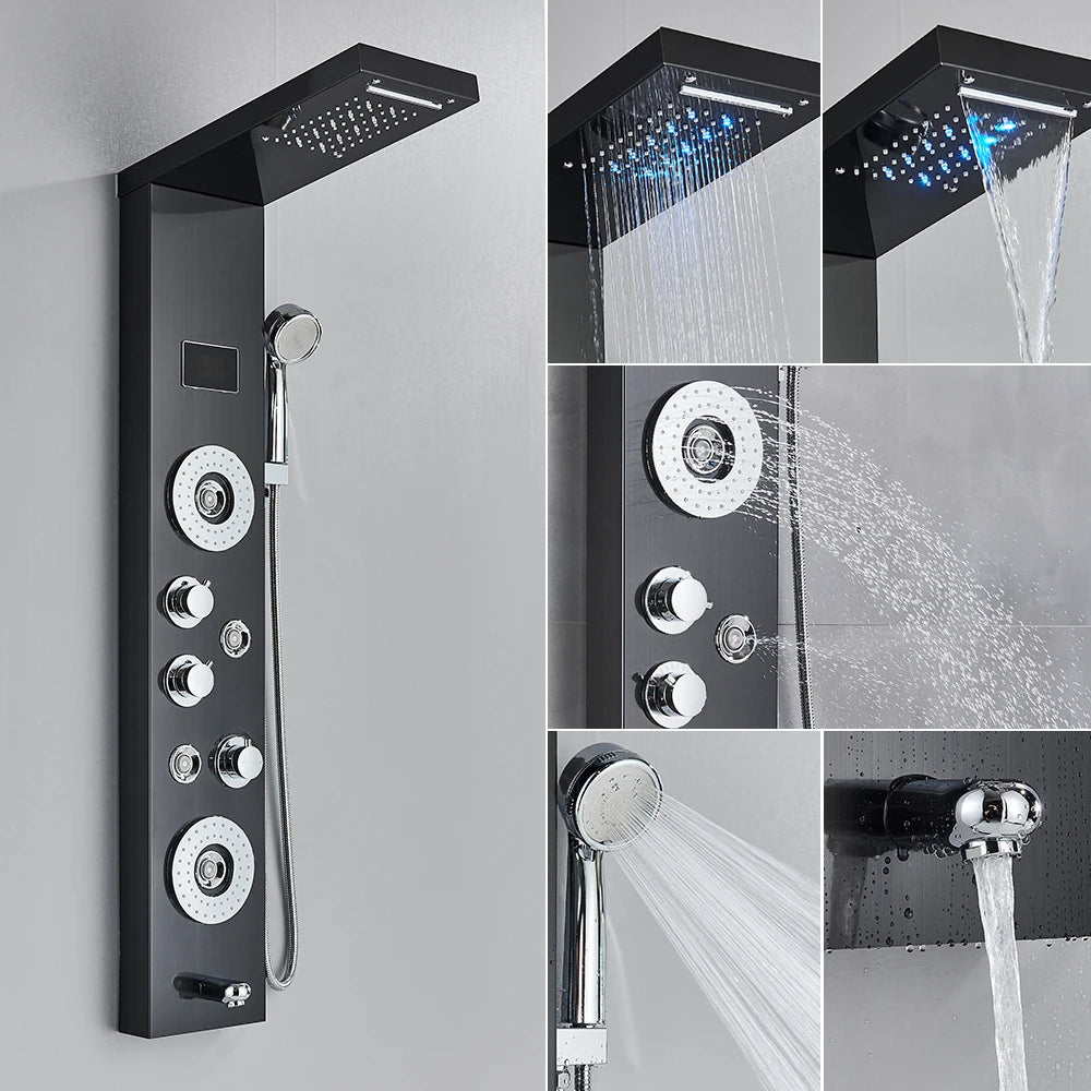Luxury Black/Brushed Bathroom Shower Faucet LED Shower Panel Column Bathtub Mixer Tap With Hand Shower Temperature Screen