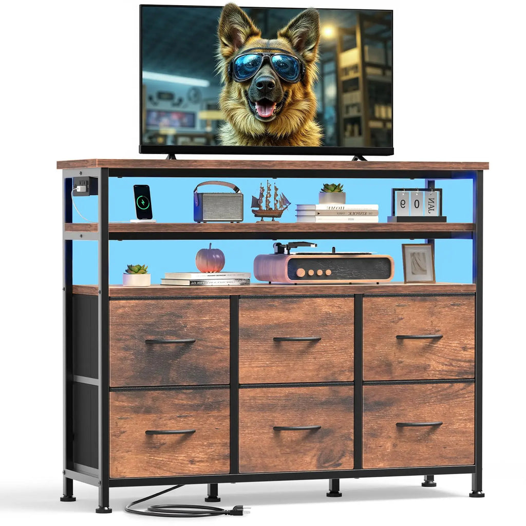 JHK TV Stand with 6 Fabric Drawers & LED Lights — Fits Up to 45" TV, Charging Station, Wood Top