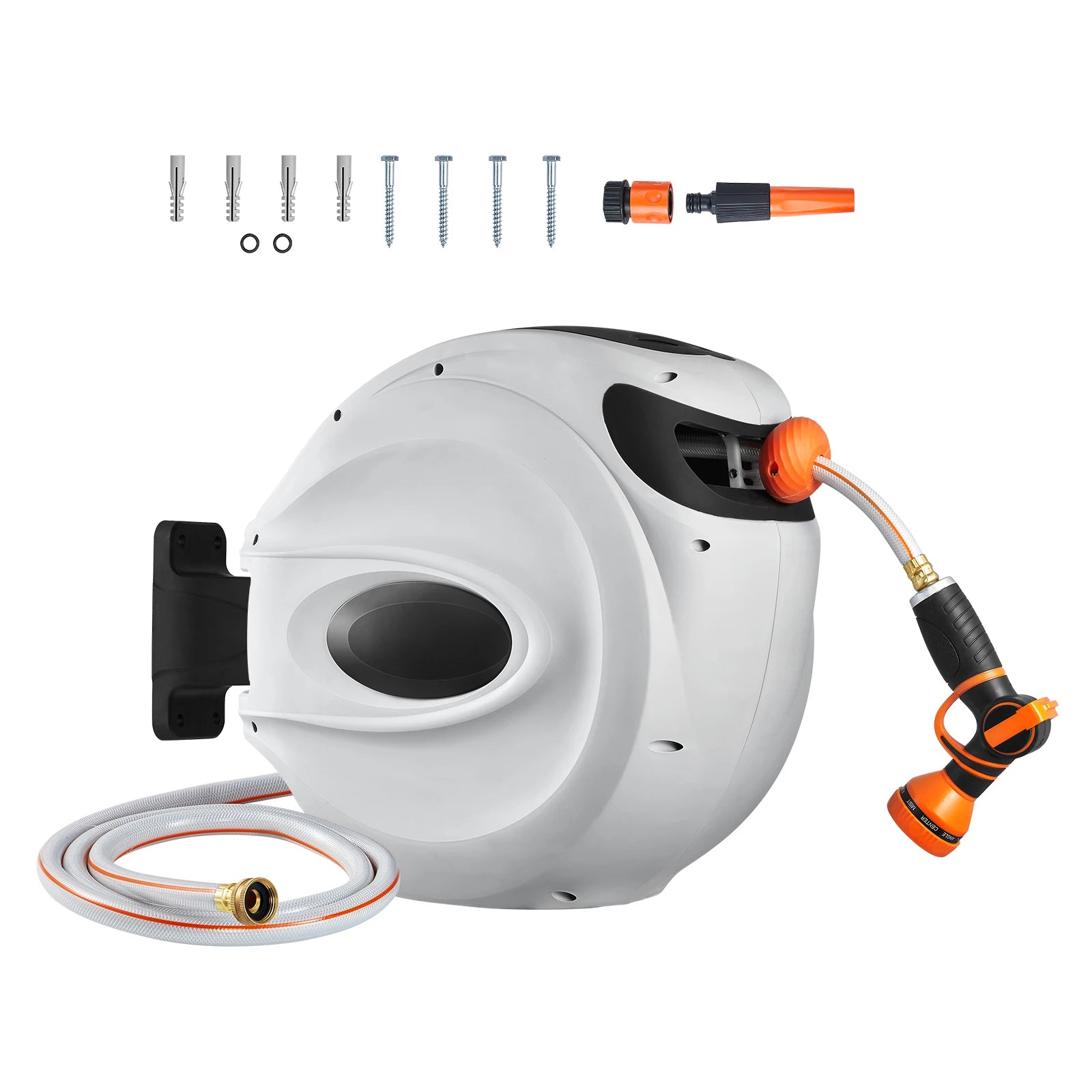 SucceBuy Retractable Garden Hose Reel – 65ft, Wall-Mounted, 180° Swivel, Auto Rewind & 9-Pattern Nozzle