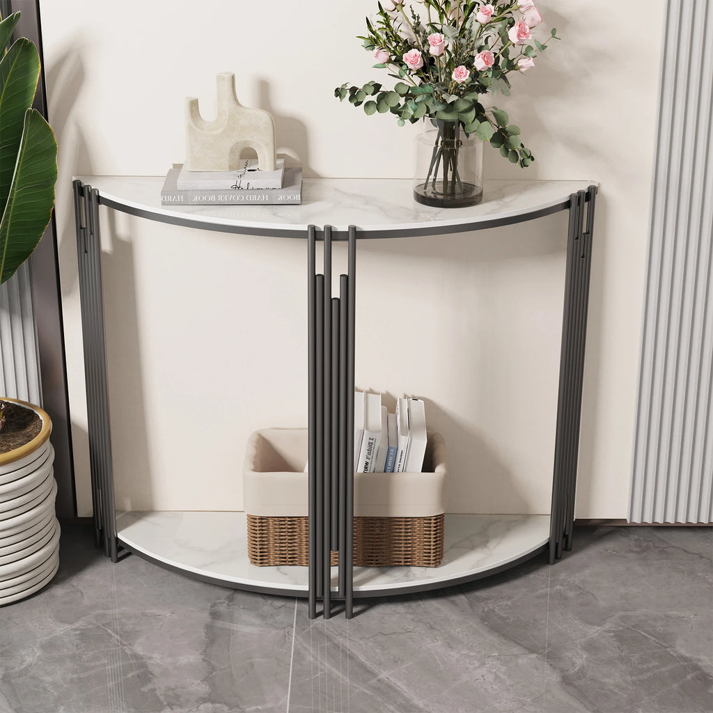 Half-Moon Console Table — 2-Tier Sintered Stone Top, Black Iron Base, Entryway & Hallway
