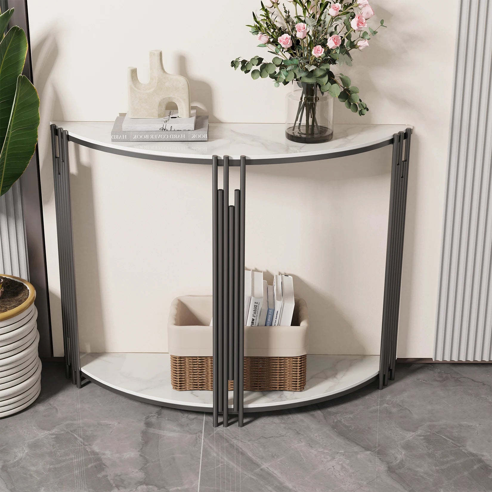 Half-Moon Console Table — 2-Tier Sintered Stone Top, Black Iron Base, Entryway & Hallway