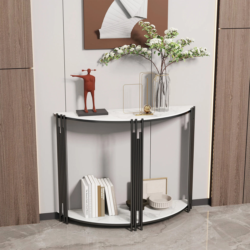Half-Moon Console Table — 2-Tier Sintered Stone Top, Black Iron Base, Entryway & Hallway