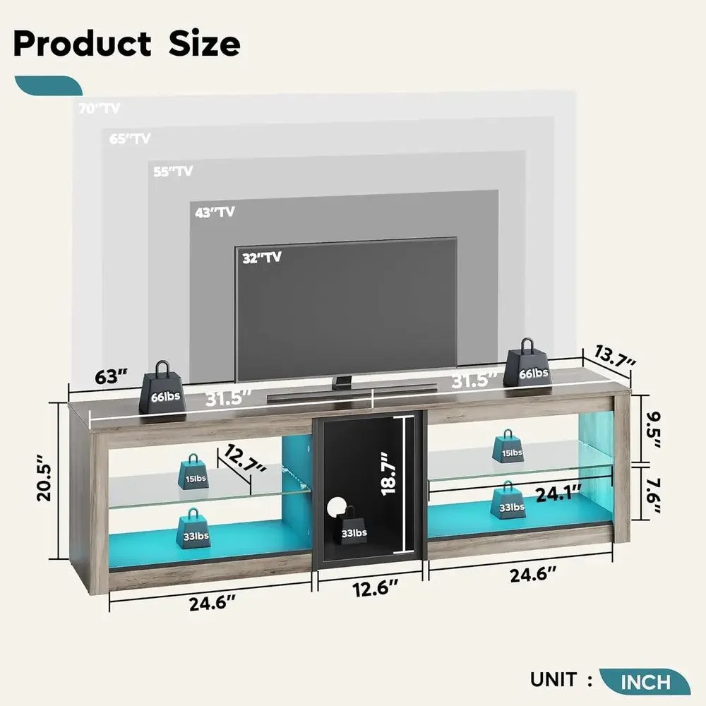 63" LED Gaming TV Stand for Up to 70" TVs — 5 Open Compartments, Adjustable Glass Shelves, Grey Wash