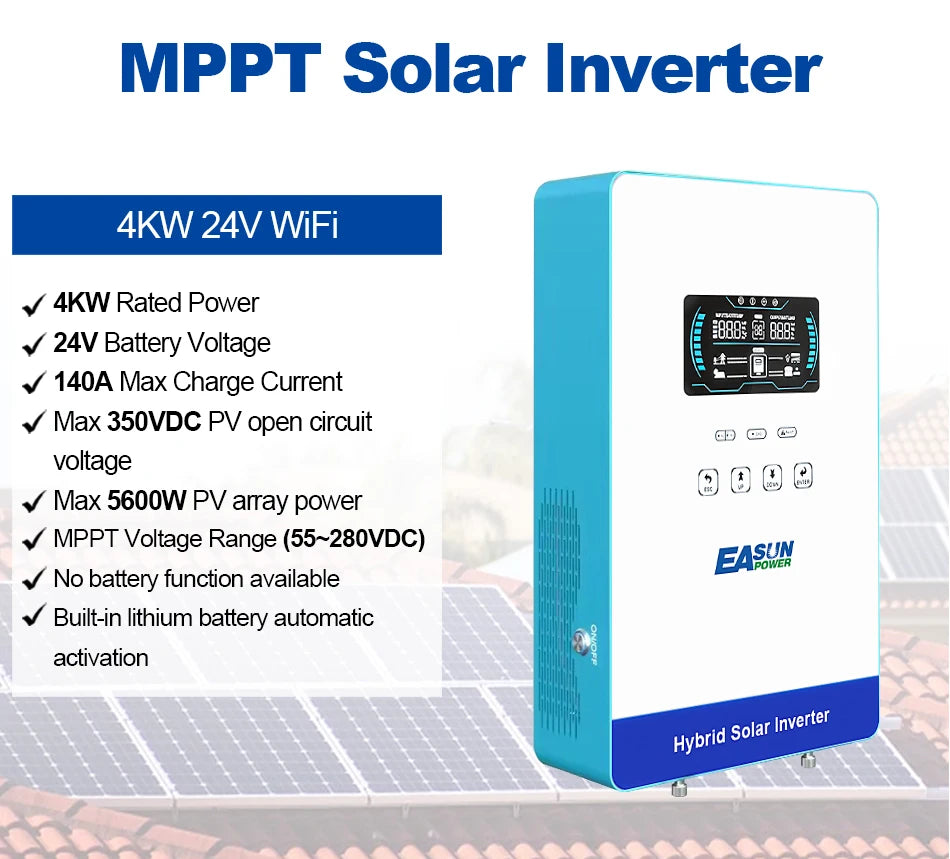 EASUN POWER 4KW 24v Power Solar Inverter Off Grid 110/120v Pure Sine Wave MPPT Solar Charger Power Home Inversor  LCD Display inversores híbridos solares US warehouse