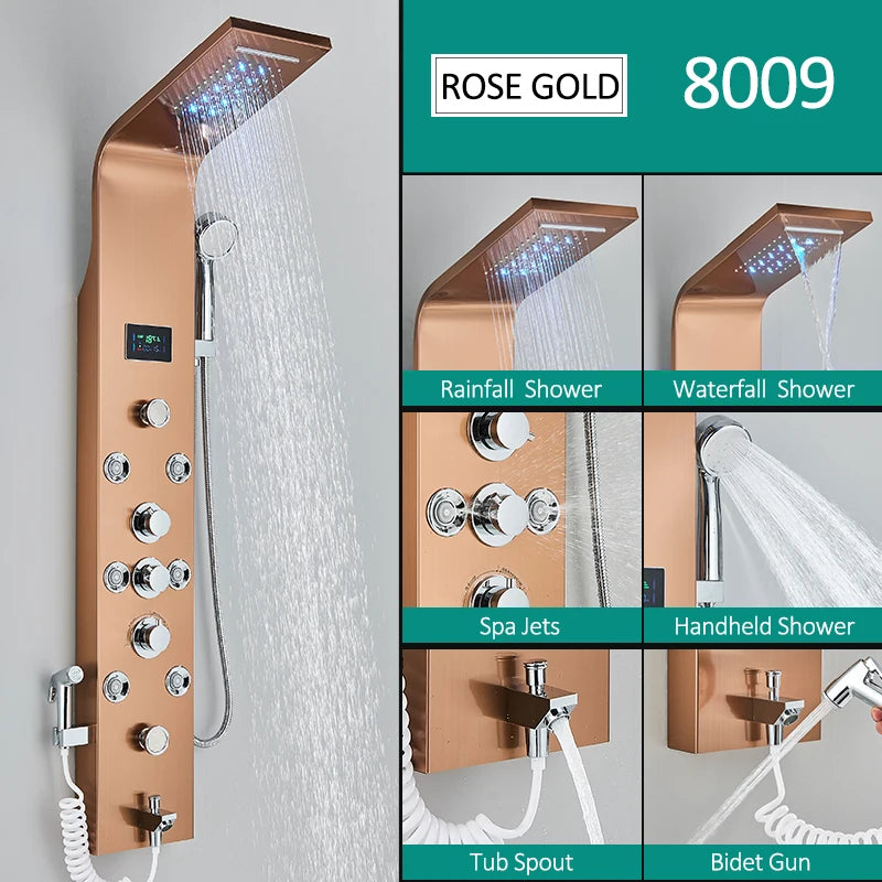 6-Function LED Shower Panel — Rain, Waterfall, Massage Jets, Bidet & More | Brushed Black Nickel