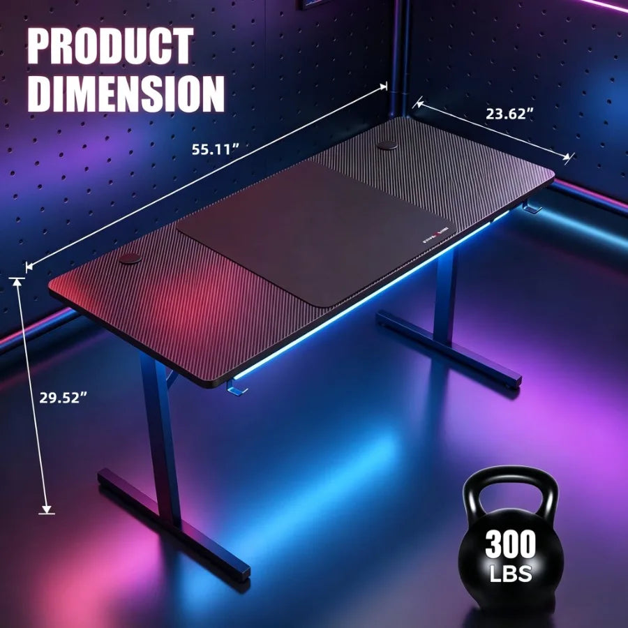 55" Gaming Desk with Smart APP and Remote RGB Lights Carbon Fiber Surface Computer Table with Full Mouse Pad and Headphone Hook