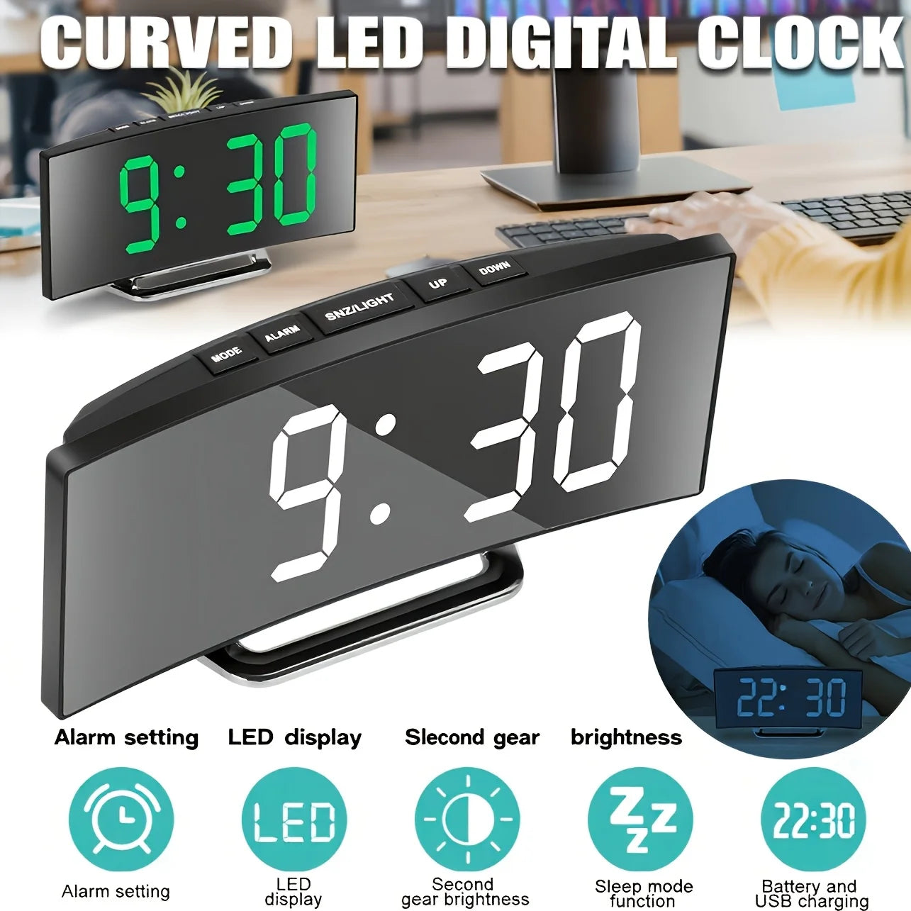 Digital Alarm Clock, Silent Design, Large LED Display Screen, Mirror Electronic Clock, Digital Alarm Clock, LED Mirror Clock