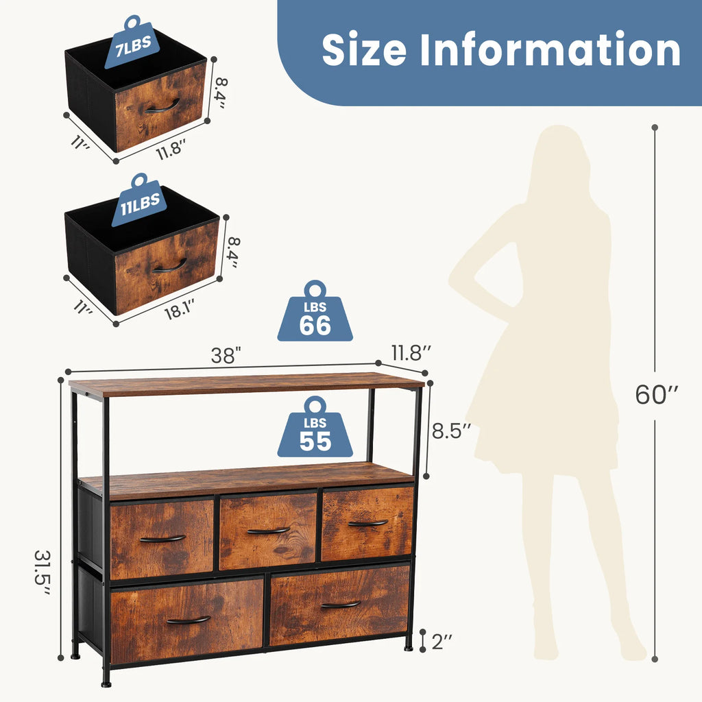 JHK TV Stand & Dresser with 5 Fabric Drawers — Fits Up to 45" TV, 39.7"W, Lightweight & Multi-Room