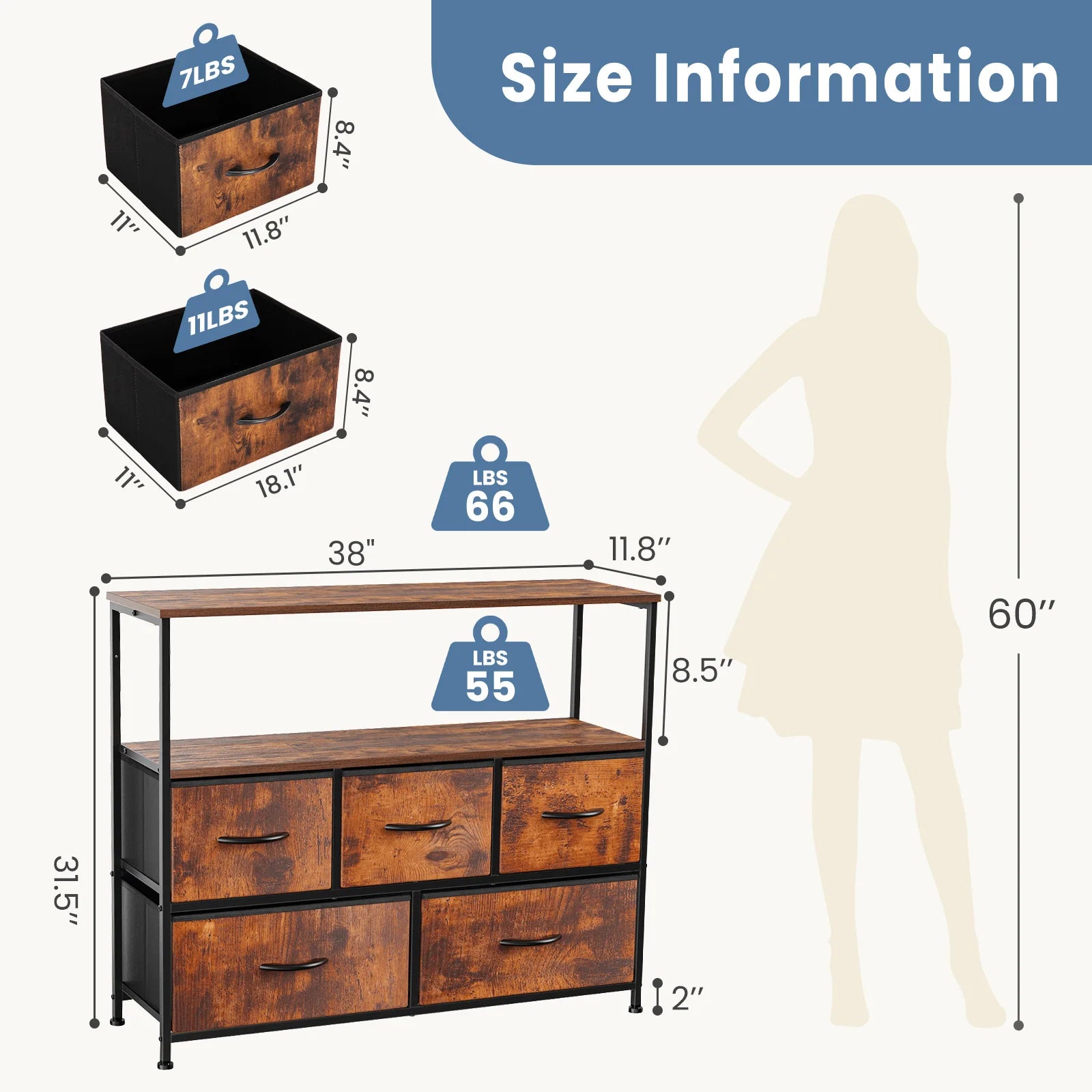 JHK TV Stand & Dresser with 5 Fabric Drawers — Fits Up to 45" TV, 39.7"W, Lightweight & Multi-Room