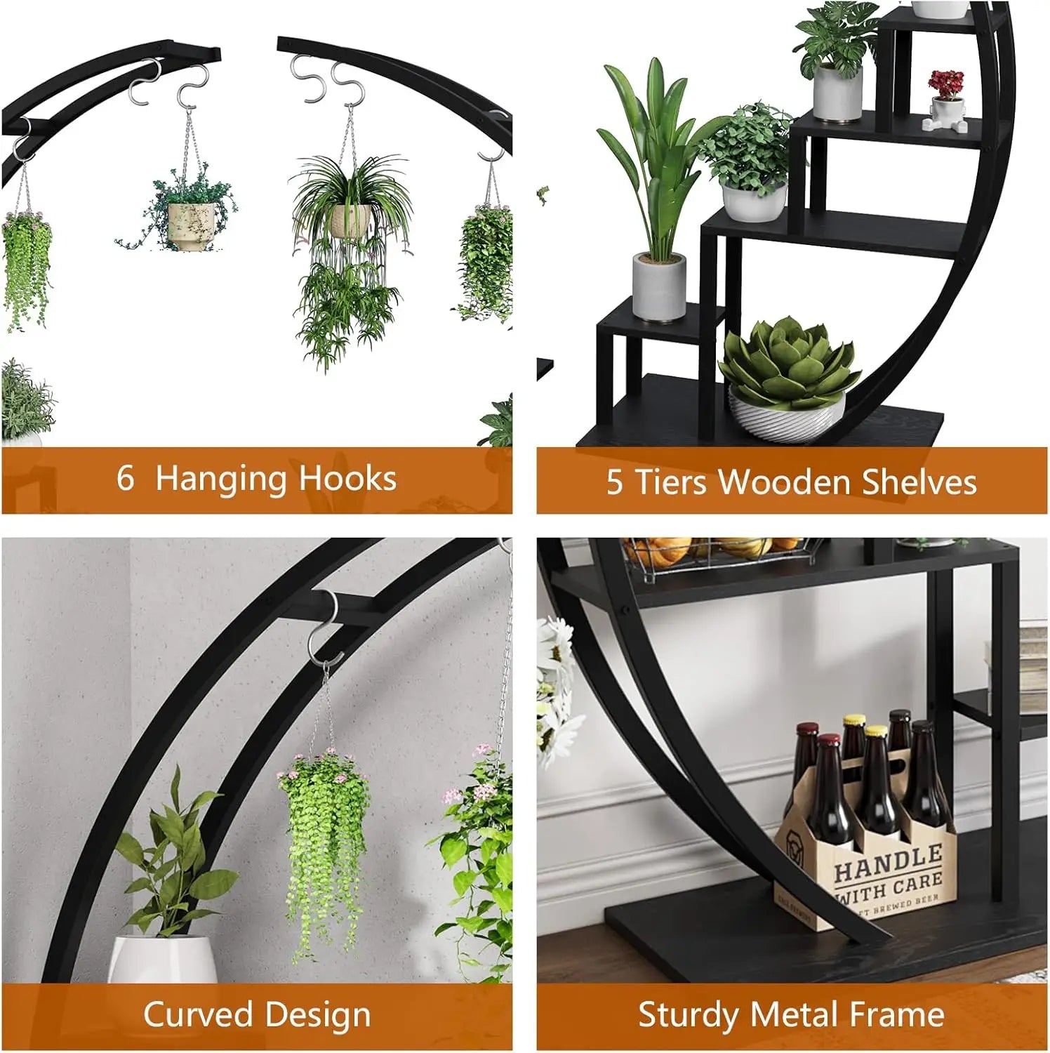 TWISTER.CK 5-Tier Half Moon Plant Stand – Set of 2, Metal & MDF Indoor Flower Shelf Rack for Home, Patio & Living Room