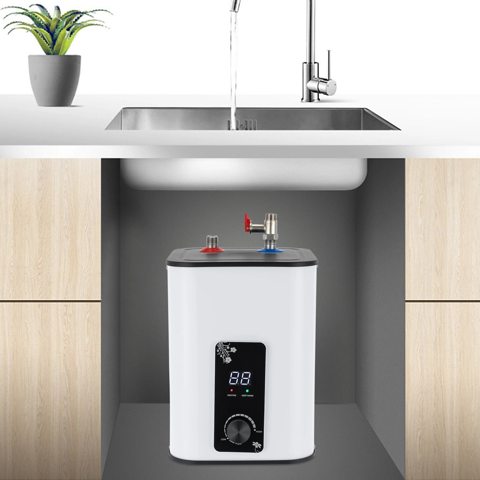 1500W 8L Electric Water Heater Instant Under Sink Stainless Steel Tank Fast Heating IPX4 Safe for Kitchen Bathroom RV SY-8