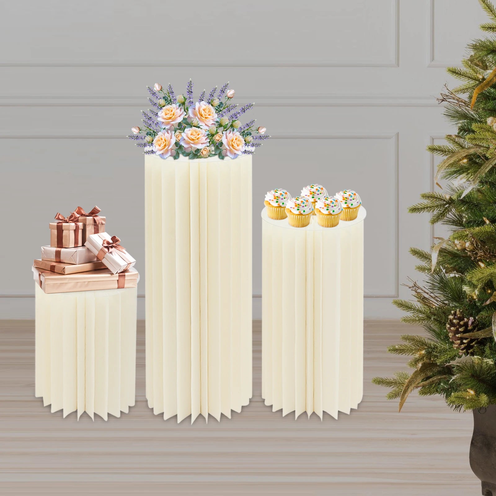 3PCS Foldable Cardboard Centerpiece Display Foldable Paper Columns Cylinder Cardboard Flowers Stand for Wedding Party Garden