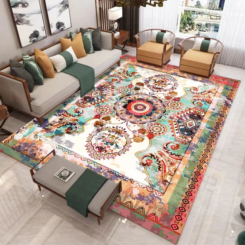 European Retro Geometric Area Rug | Soft Washable Non-Slip Mat for Living Room & Bedroom