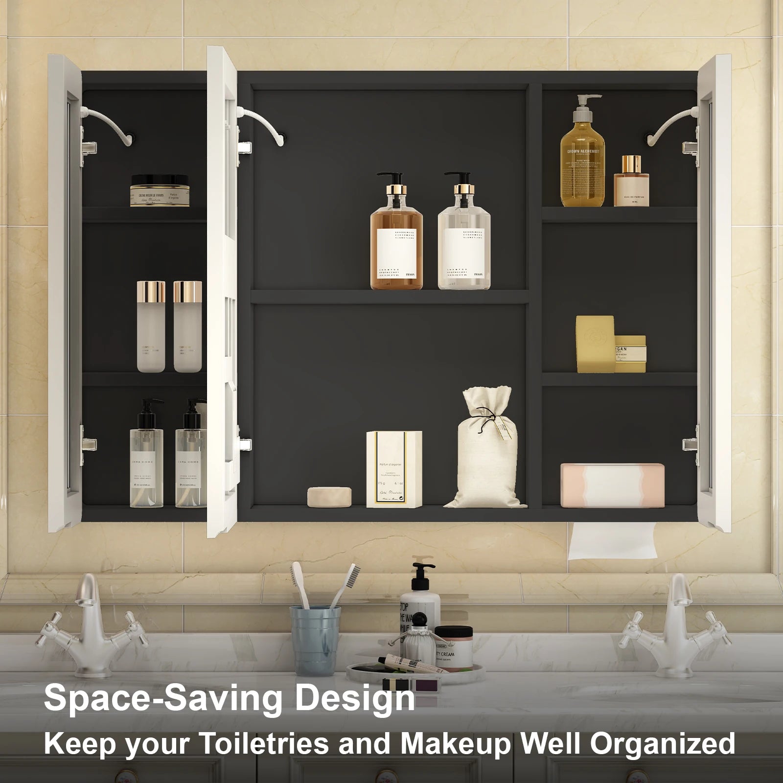 Large LED Medicine Cabinet with Mirror — 2-Door Wall Mount, 5-Compartment Storage, Defogging