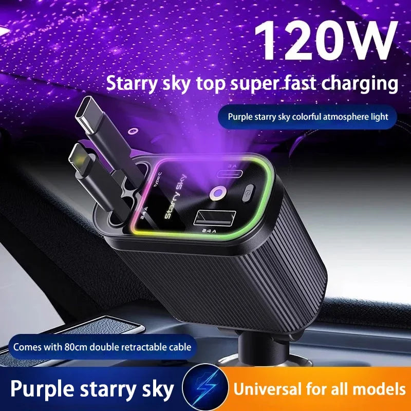 4 in 1 car charger, purple 120W car charger with star spotlight, with charging cable & 2 charging ports, GM charging