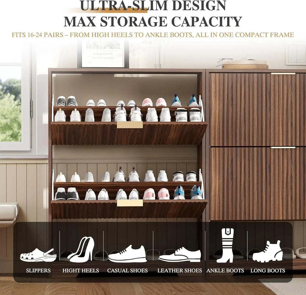Slim Fluted Shoe Cabinet with 2 Flip Drawers — Hidden Storage, Adjustable Shelves, Anti-Tip, 30"W