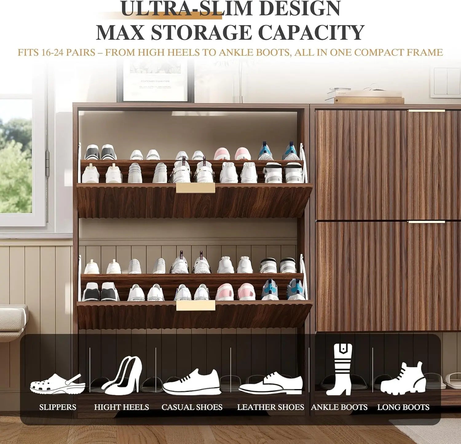 Slim Fluted Shoe Cabinet with 2 Flip Drawers — Hidden Storage, Adjustable Shelves, Anti-Tip, 30"W