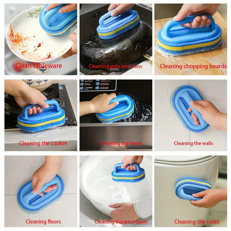 Handled Double-Layer Sponge Cleaning Brush | Tile, Kitchen & Bathroom Scrubber