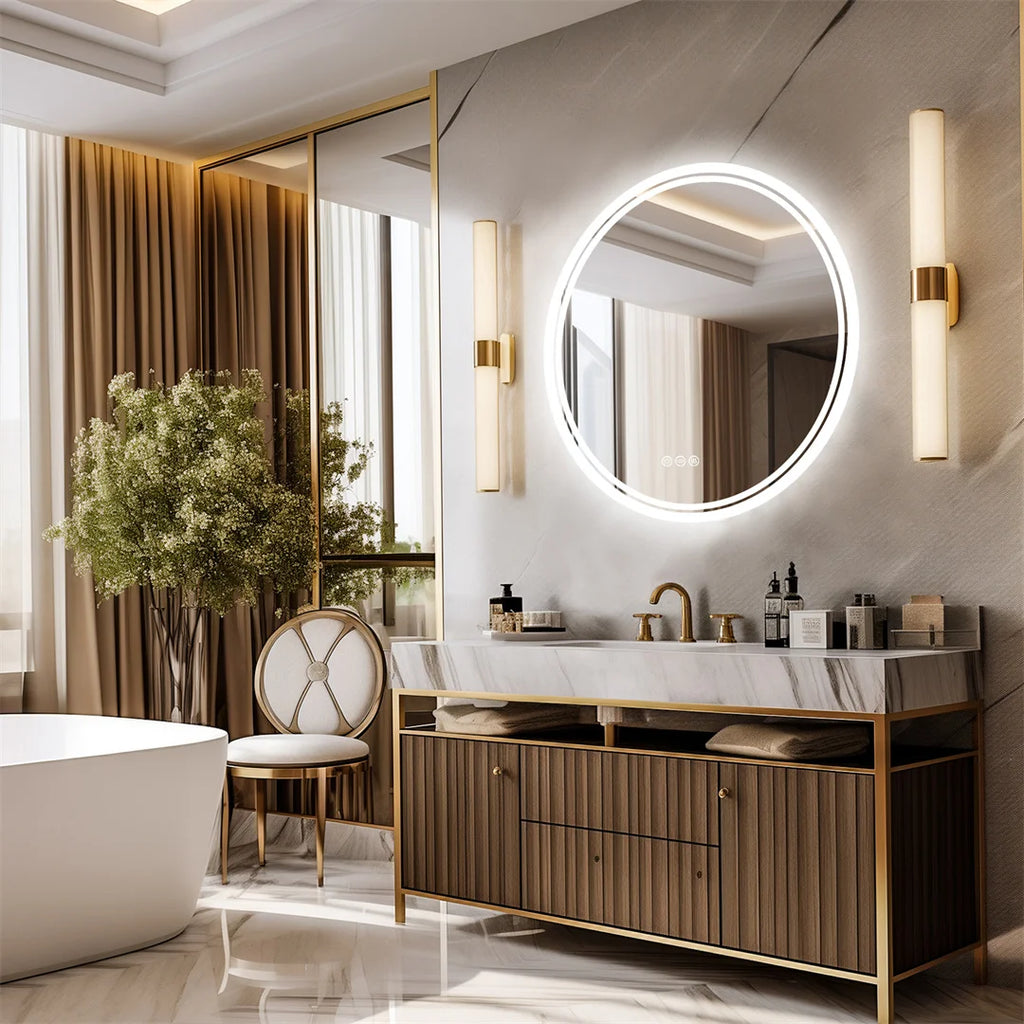 80cm Round LED Bathroom Mirror — Touch Dimmer, Anti-Fog, 3 Color Temperatures, IP44