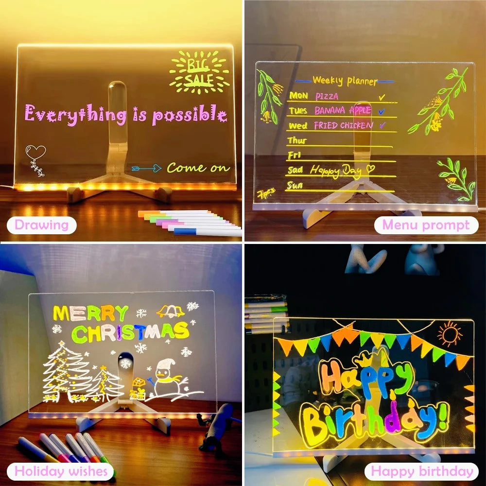 LED Acrylic Light-Up Message Board with 7 Colour Pens | DIY Drawing & Night Light for Kids