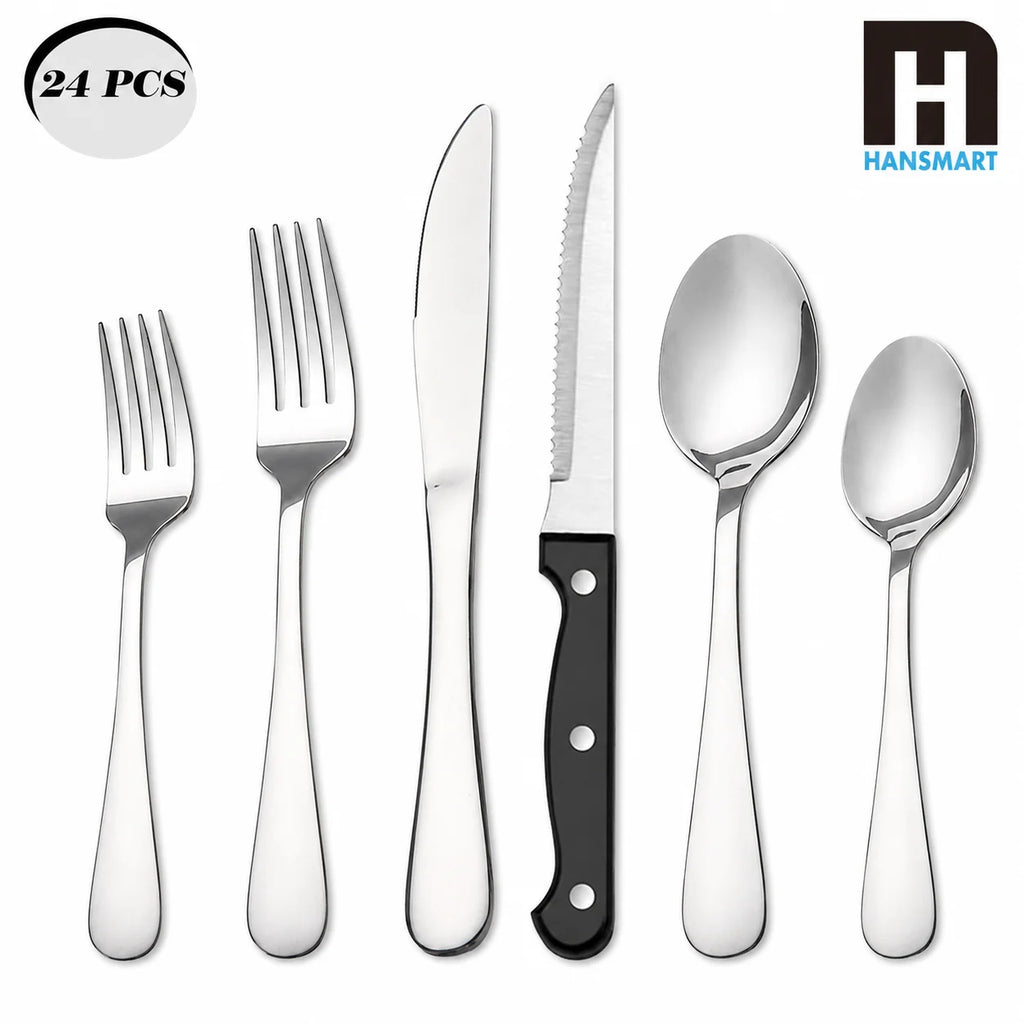 24-Piece Mirror Polished Stainless Steel Flatware Set — Service for 4 with Steak Knives, Dishwasher Safe