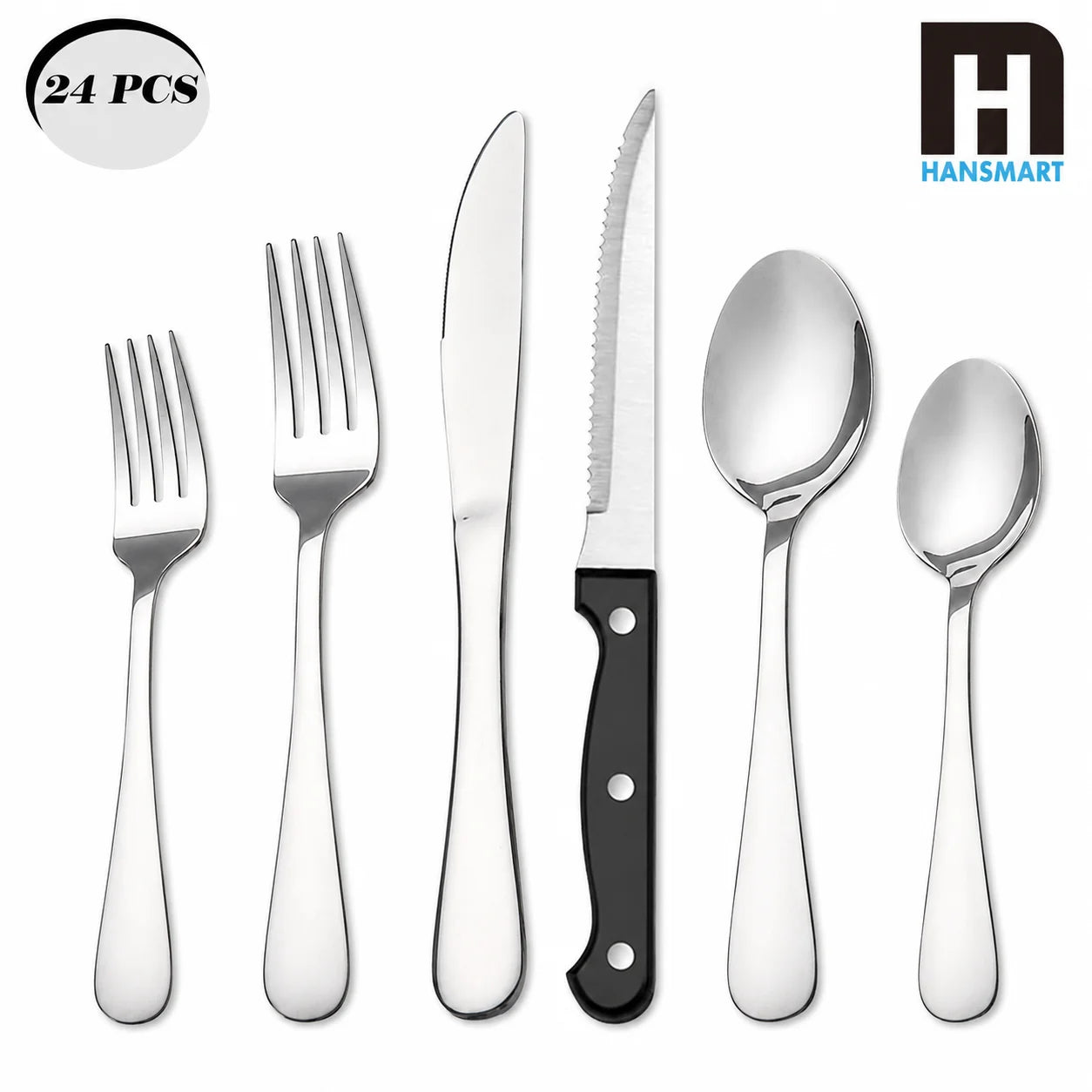 24-Piece Mirror Polished Stainless Steel Flatware Set — Service for 4 with Steak Knives, Dishwasher Safe