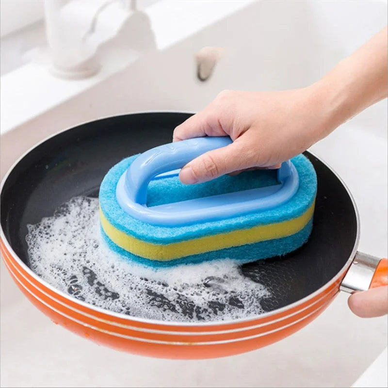 Handled Double-Layer Sponge Cleaning Brush | Tile, Kitchen & Bathroom Scrubber