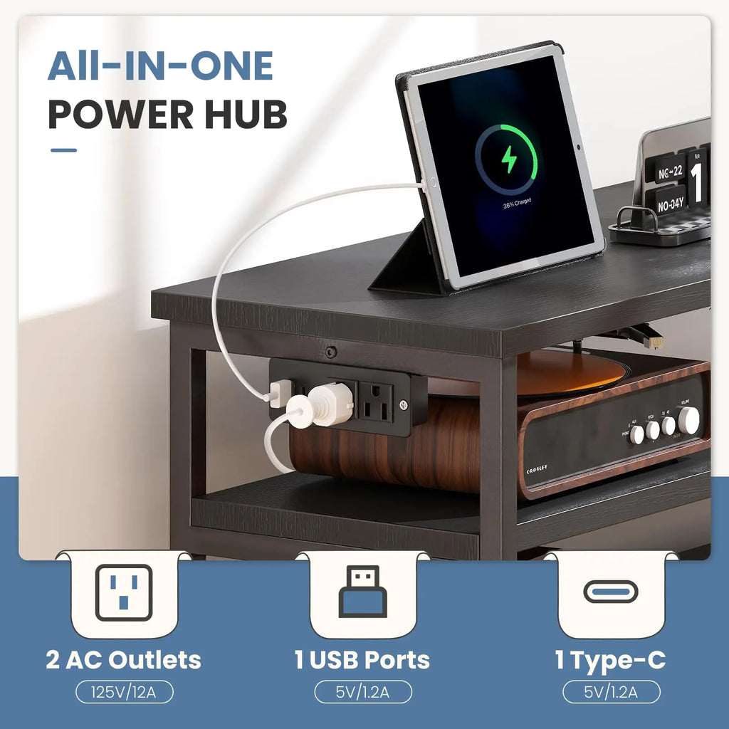 JHK TV Stand with 6 Fabric Drawers & LED Lights — Fits Up to 45" TV, Charging Station, Wood Top