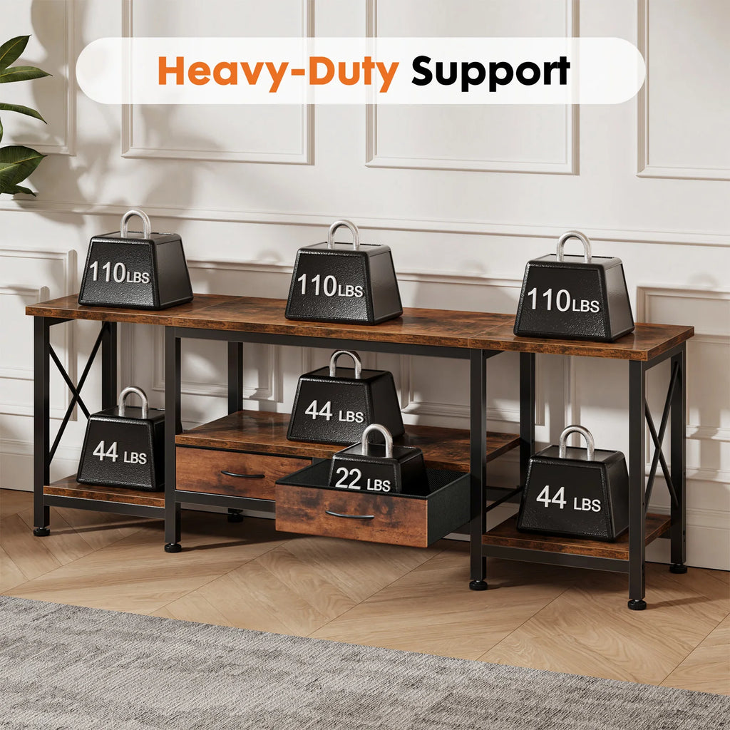 TV Stand for 70"/75" TVs — Media Console with Charging Station, 2 Fabric Drawers & 4 Open Shelves
