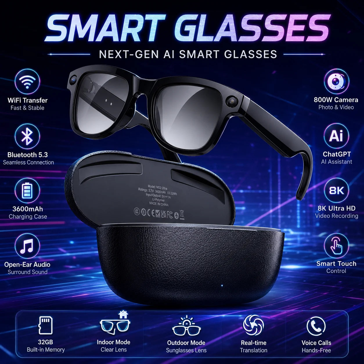 M02 Ultra Smart AI Glasses – 4K Camera, 32GB, 120+ Language Translation & Power Bank