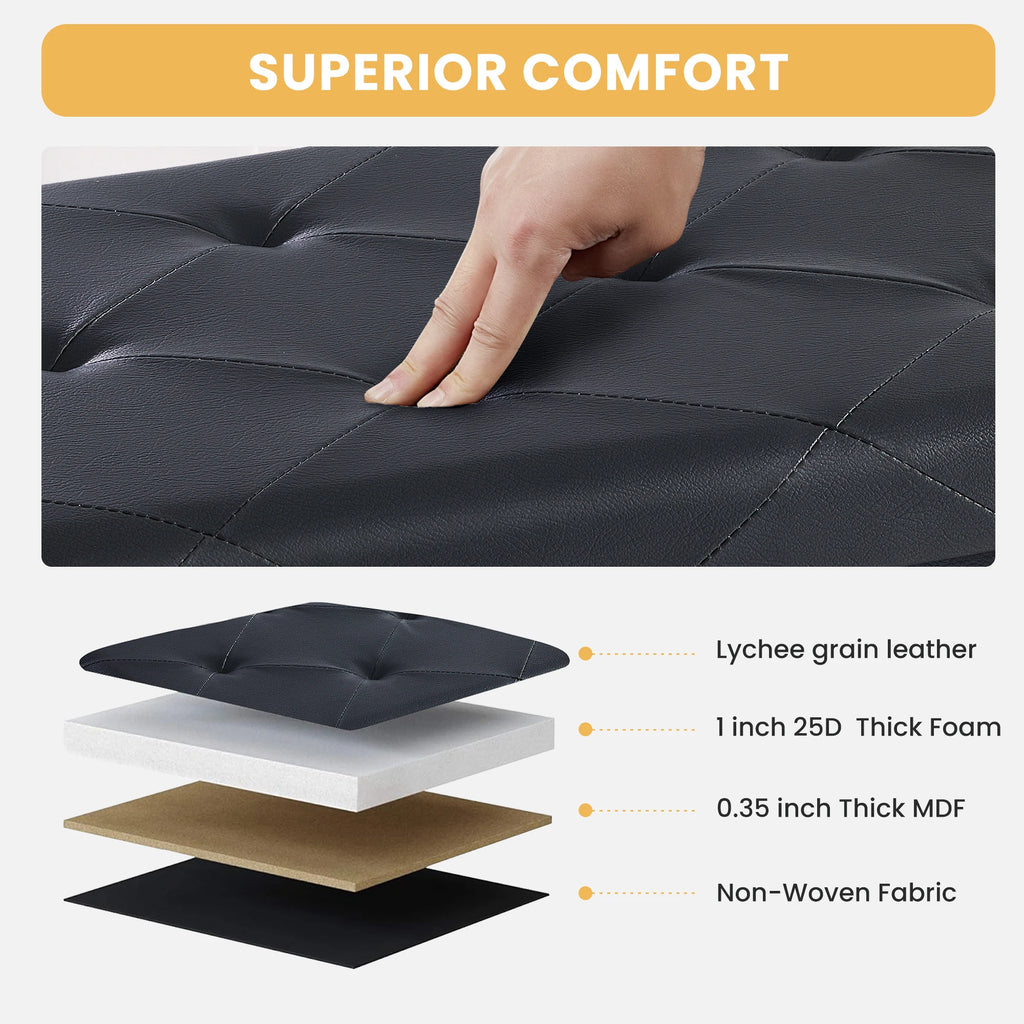 43" Folding Storage Ottoman — Leather Footstool & Bedroom Bench, 660 lb Capacity, Memory Foam Seat