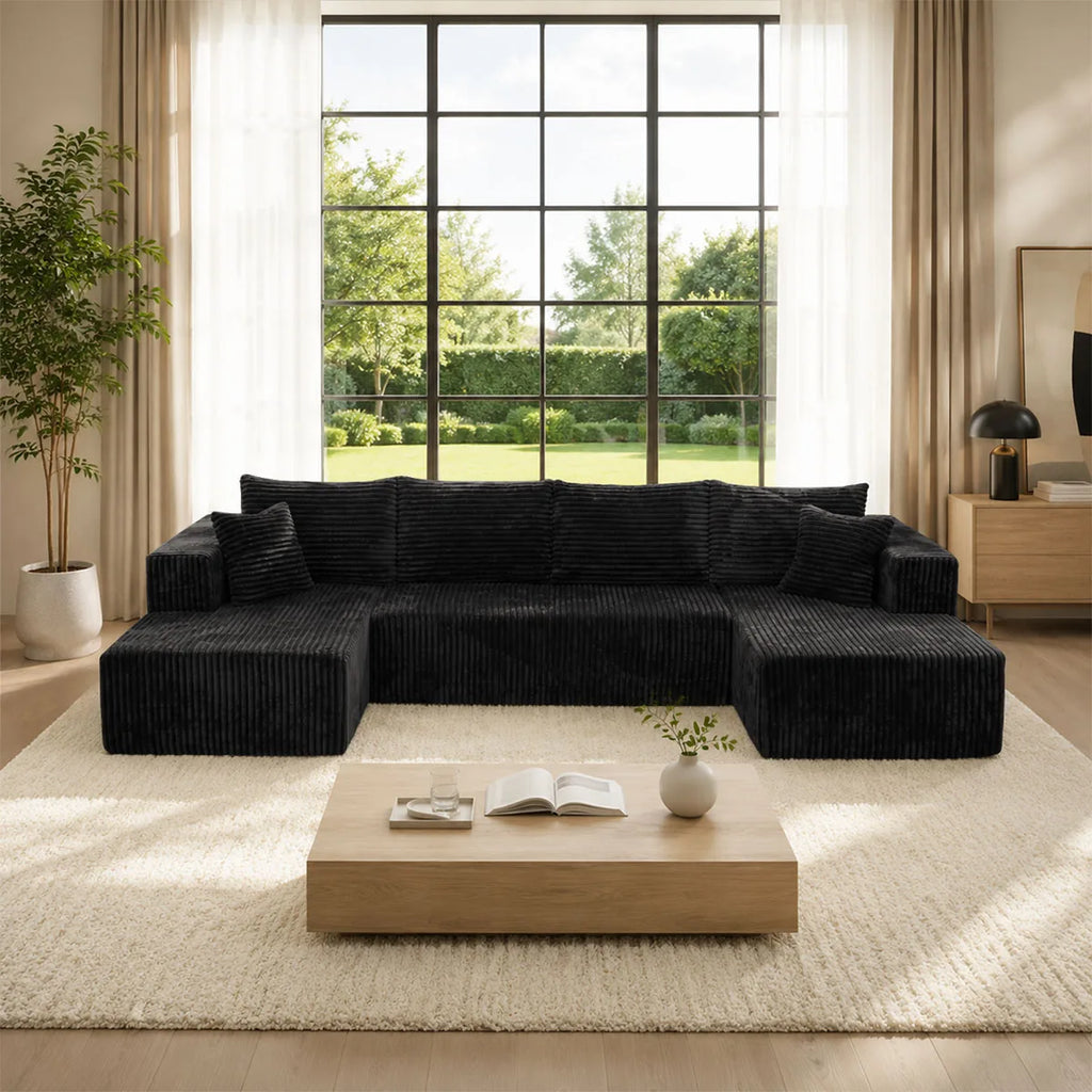 132" U-Shaped Sectional Sofa — 8-Piece Corduroy Cloud Couch with Double Chaise, Seats 6, Sofa Bed