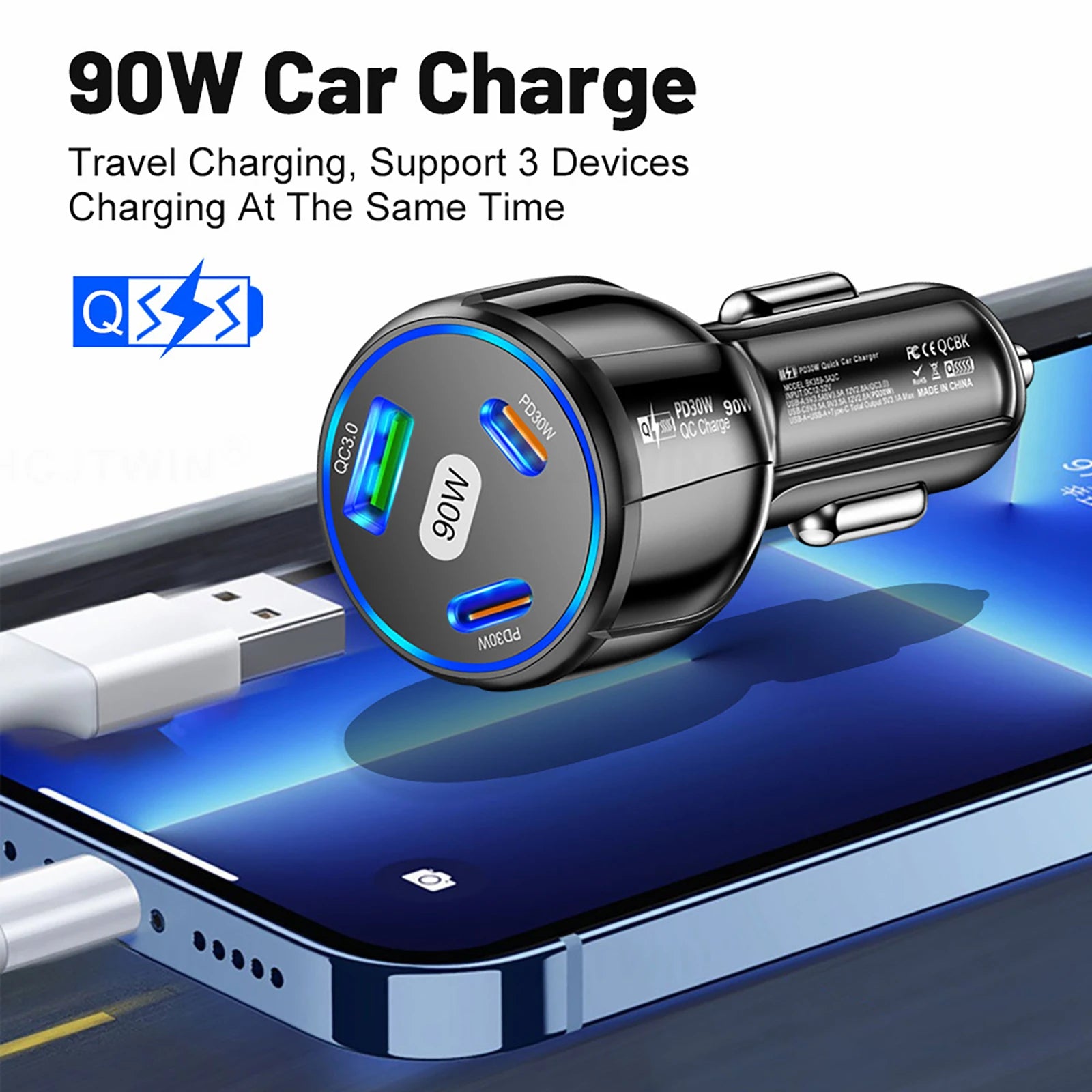 Quick Charge 3 Ports USB Type C Fast Charger USB PD Car Charger 3.0 Car Phone Adapter for IPhone Samsung Phone 13 12 Pro Max