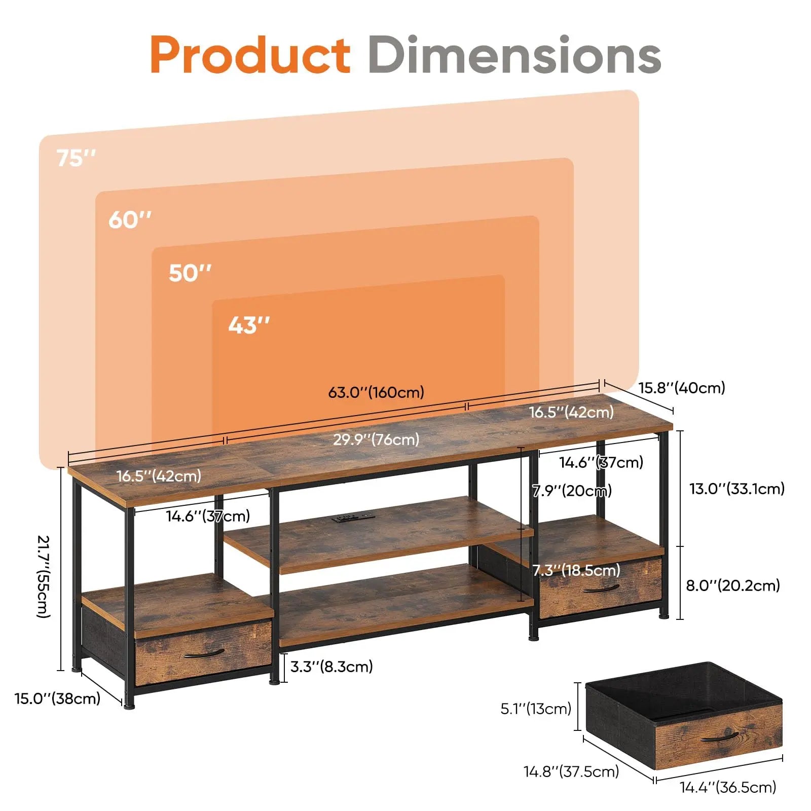 TV Stand for 70"/75" TVs — Media Console with Charging Station, 2 Fabric Drawers & 4 Open Shelves
