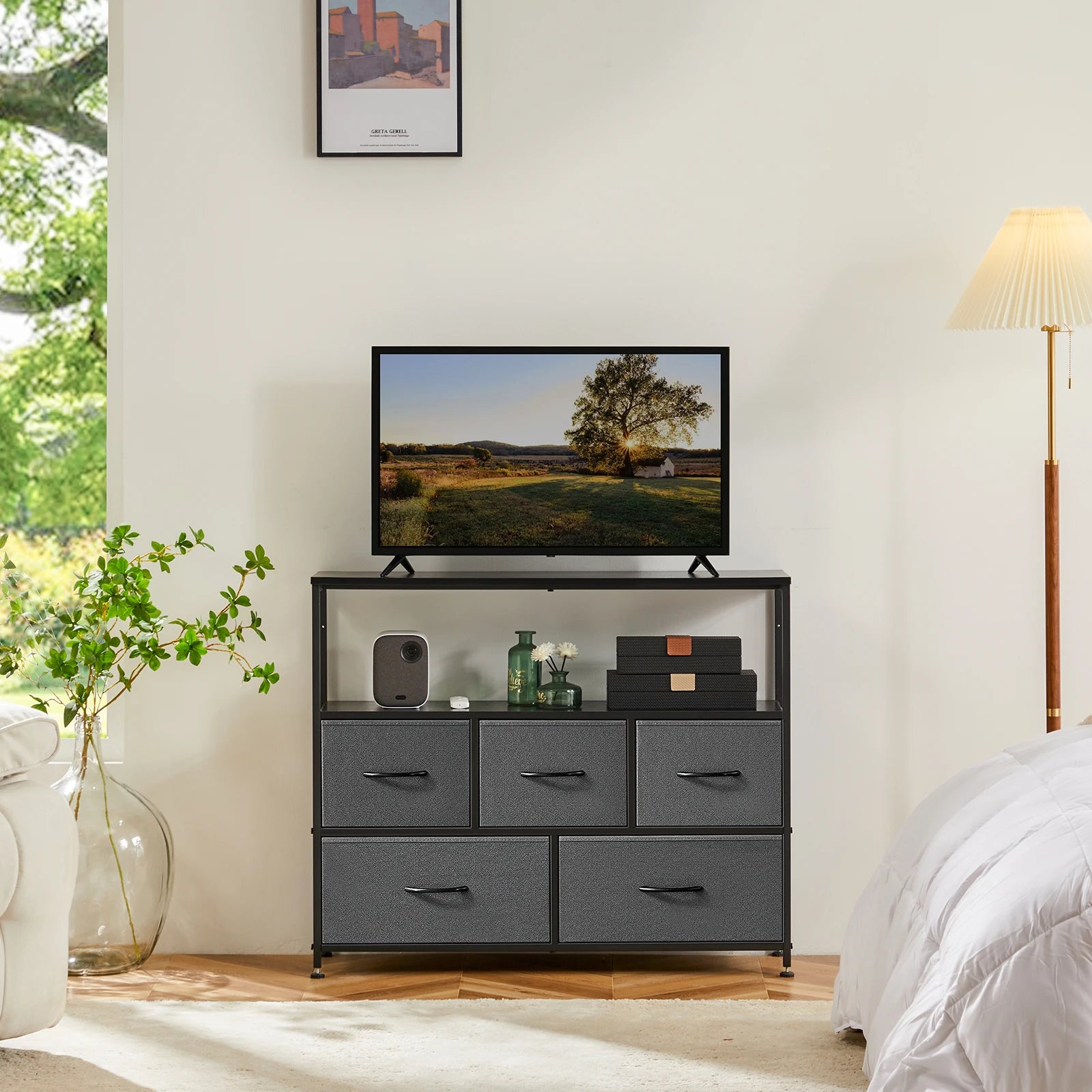 JHK TV Stand & Dresser with 5 Fabric Drawers — Fits Up to 45" TV, 39.7"W, Lightweight & Multi-Room