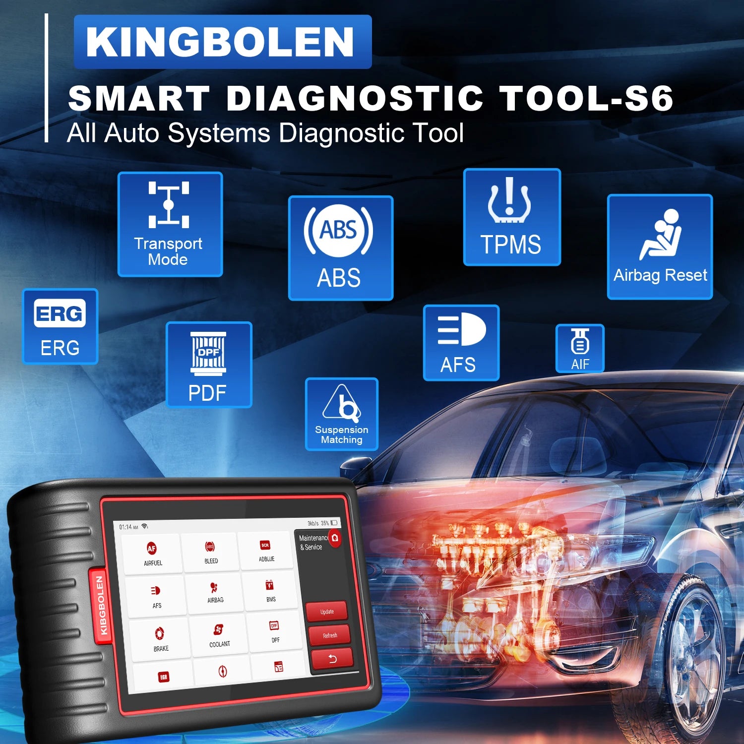 Kingbolen S6 OBD2 Scanner Bluetooth All System lifetime Free Update CAN FD Diagnostic Tool 28+ Resets SAS/BMS/TPMS Scan Tool