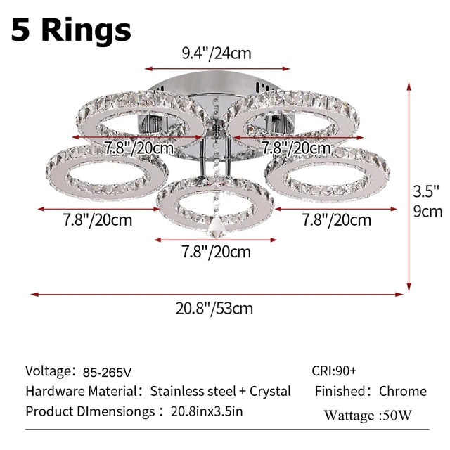 Modern LED Crystal Ring Chandelier | Dimmable | 3 or 5 Ring | Chrome Finish