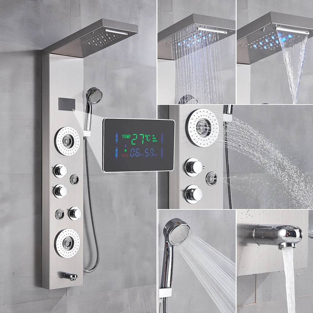 Luxury Black/Brushed Bathroom Shower Faucet LED Shower Panel Column Bathtub Mixer Tap With Hand Shower Temperature Screen