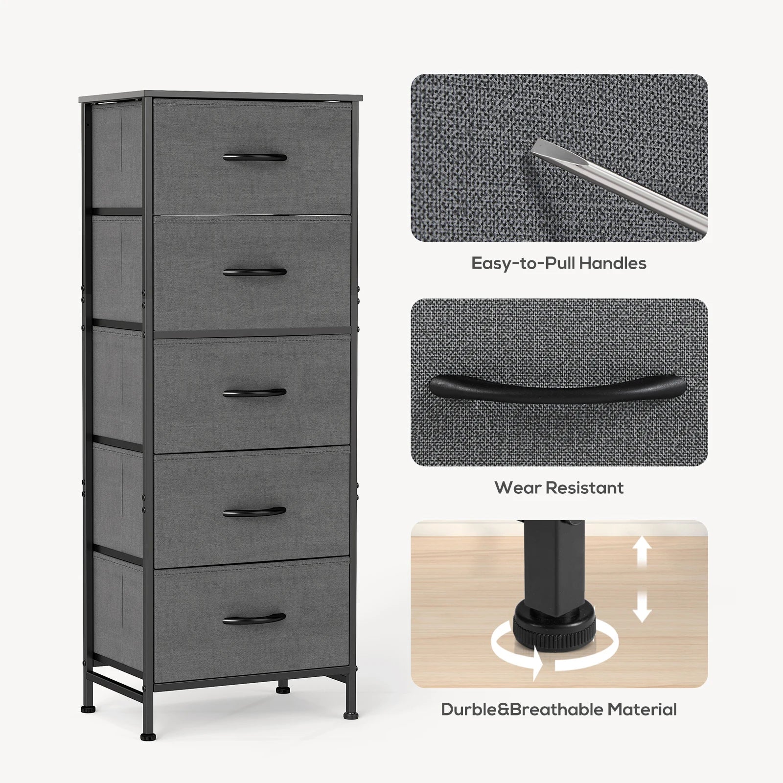 JHK 5-Drawer Fabric Dresser — 48" Tall Chest of Drawers for Bedroom, Closet & Living Room