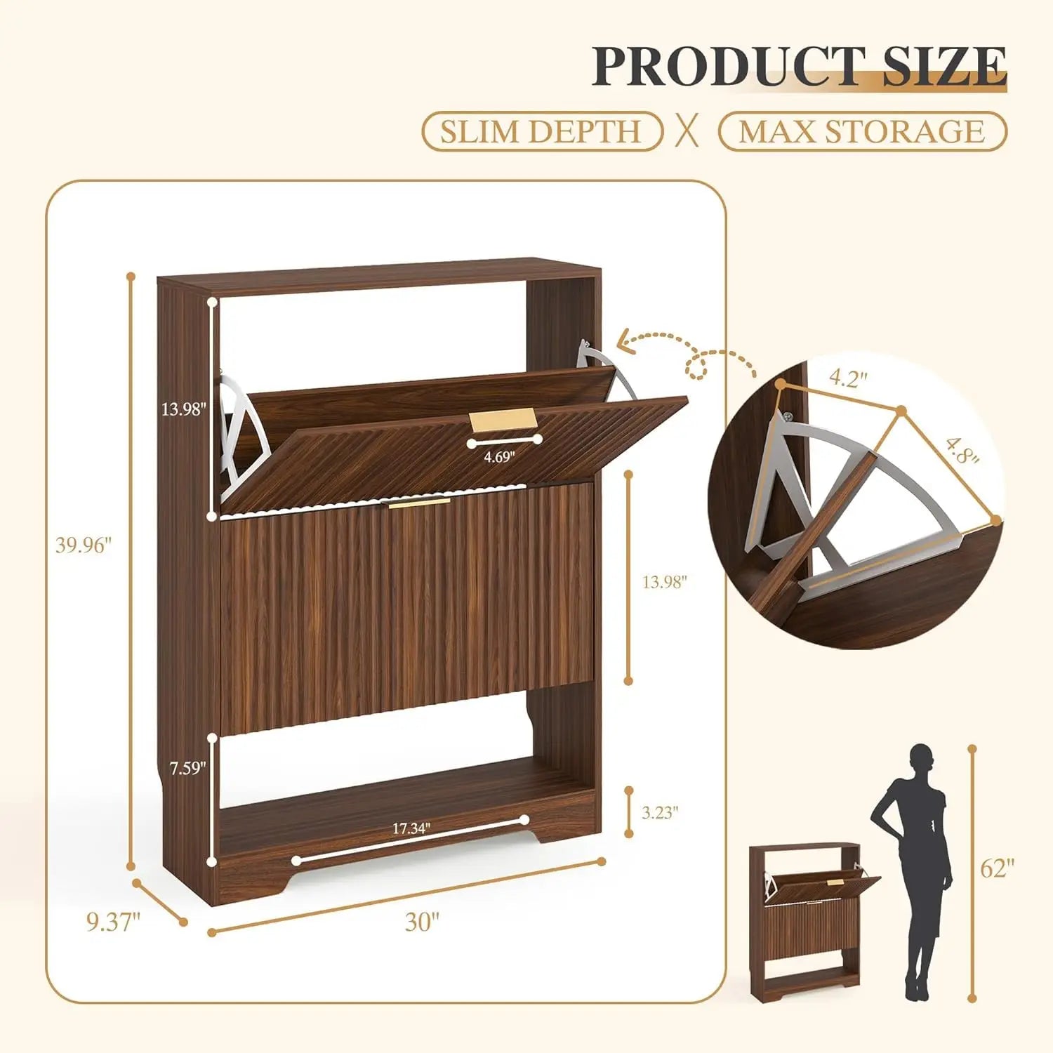 Slim Fluted Shoe Cabinet with 2 Flip Drawers — Hidden Storage, Adjustable Shelves, Anti-Tip, 30"W