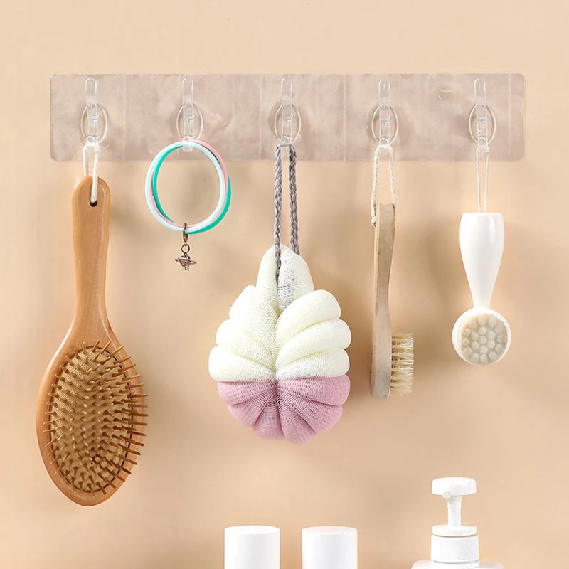 Transparent Multi-Hook Wall Organiser Rack - Seamless Adhesive Hanger for Bathroom, Kitchen & Hallway