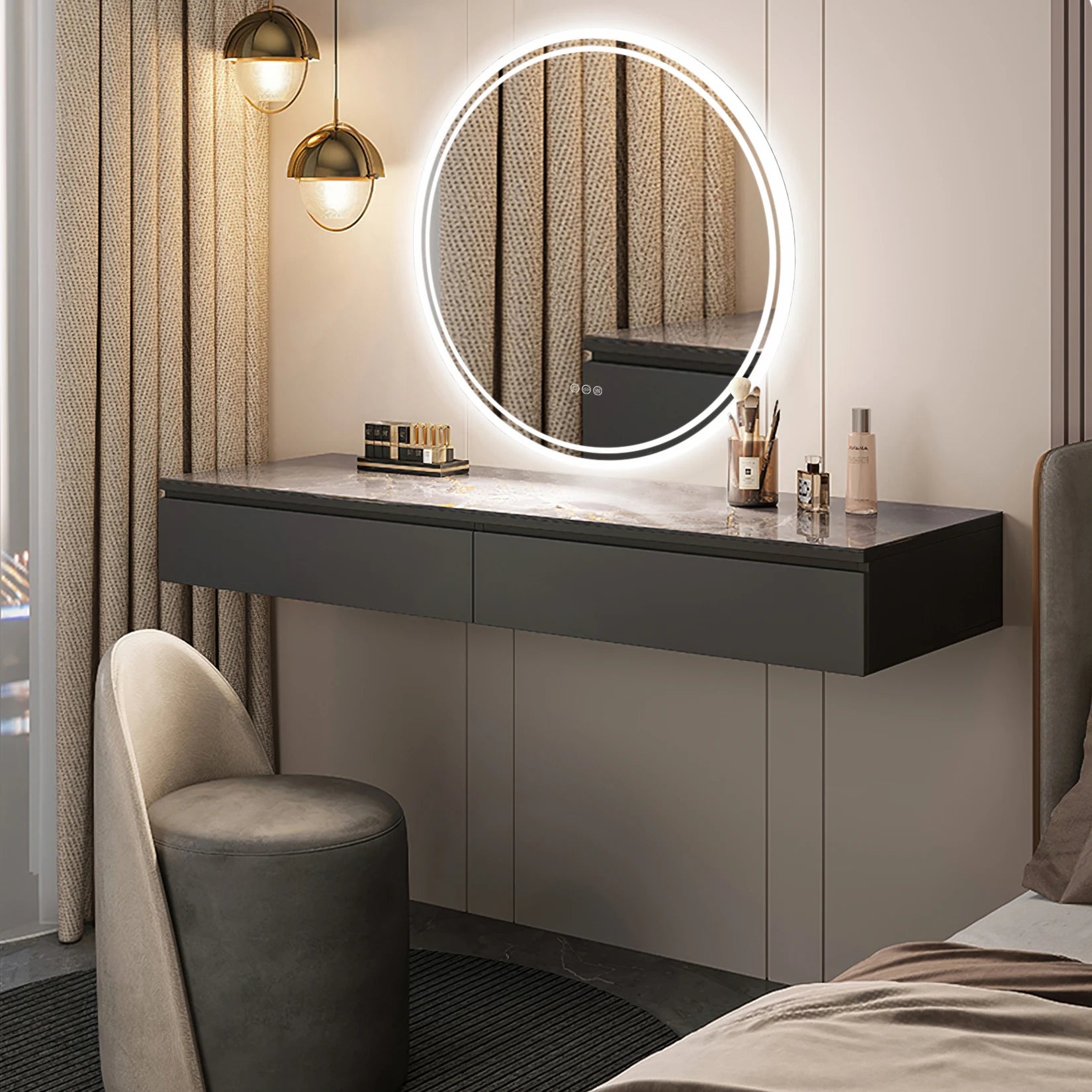 80cm Round LED Bathroom Mirror — Touch Dimmer, Anti-Fog, 3 Color Temperatures, IP44