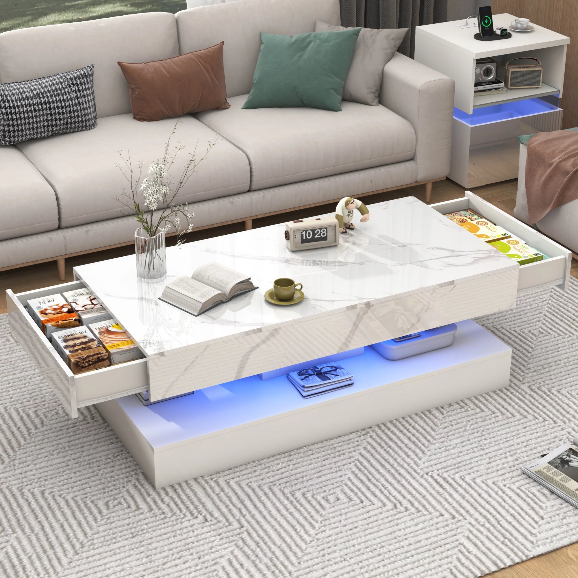 LED Coffee Table with 2 Storage Drawers — 20-Color RGB, Double-Layer, High Gloss Black