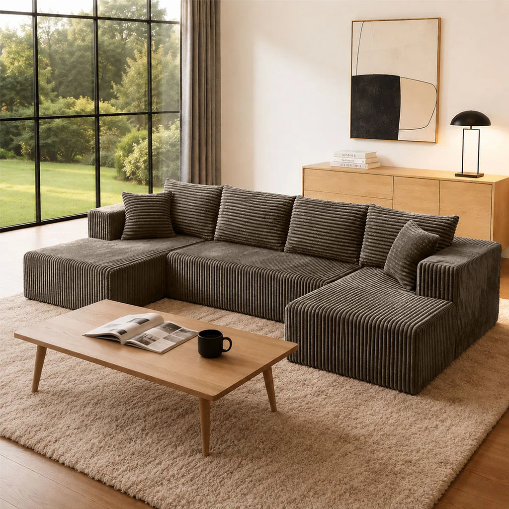 132" U-Shaped Sectional Sofa — 8-Piece Corduroy Cloud Couch with Double Chaise, Seats 6, Sofa Bed