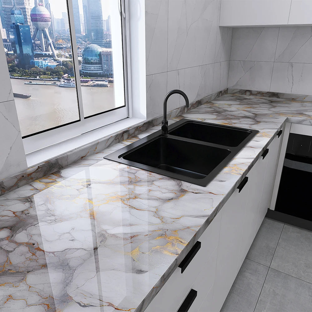 Marble Peel & Stick Wallpaper - Waterproof Oil-Proof Self-Adhesive PVC Film for Kitchen, Countertops & Cabinets