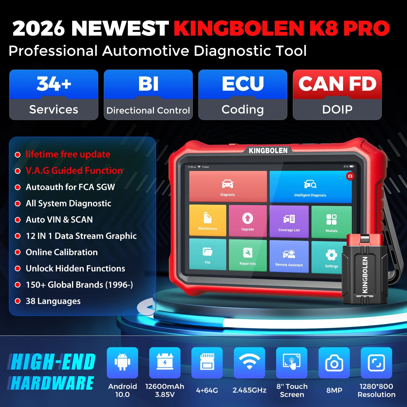 【Lifetime Free Update】Newest KINGBOLEN K8 PRO Advanced Car diagnostic Tools ECU Coding Bi-directional Test CAN FD DOIP 34 Reset